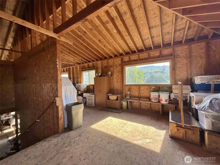 Great space above pottery studio in barn loft. So much room for all your hobbies or storage.