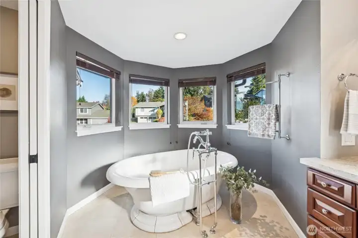 free standing tub within a surround wall of windows, water closet...