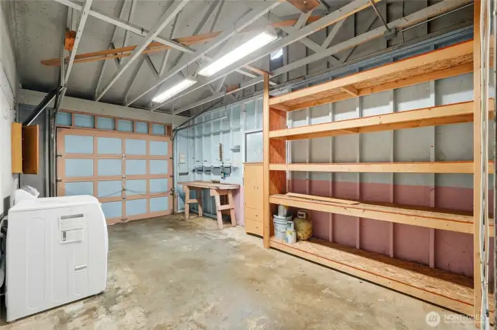 Garage allows for tons of shelving storage.