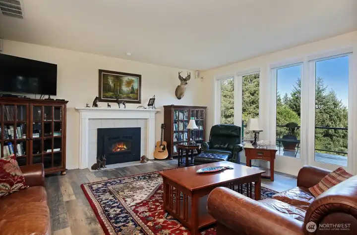 Living room off of deck with propane fireplace
