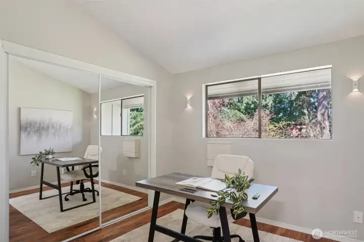 Light filled office or bedroom with extra storage loft