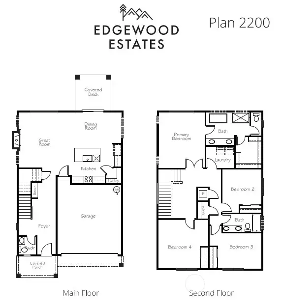Edgewood Estates Plan 2200 Floor Plan Rendering. Deck Sizes and other details may vary.