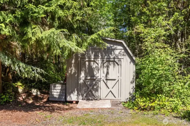 Storage shed with electricity next to the house.