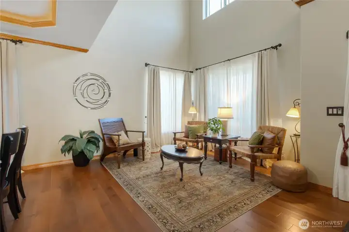 Dramatic formal living and dining rooms.