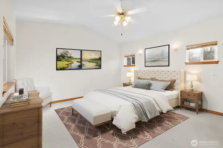 Virtually staged primary bedroom.