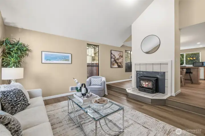 Cozy up by the wood-burning fireplace