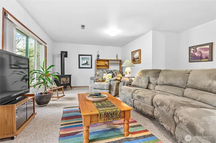 Lower level daylight basement family room with large picture windows that look out to nature and the creek.  Cozy gas stove makes this space perfect to relax!