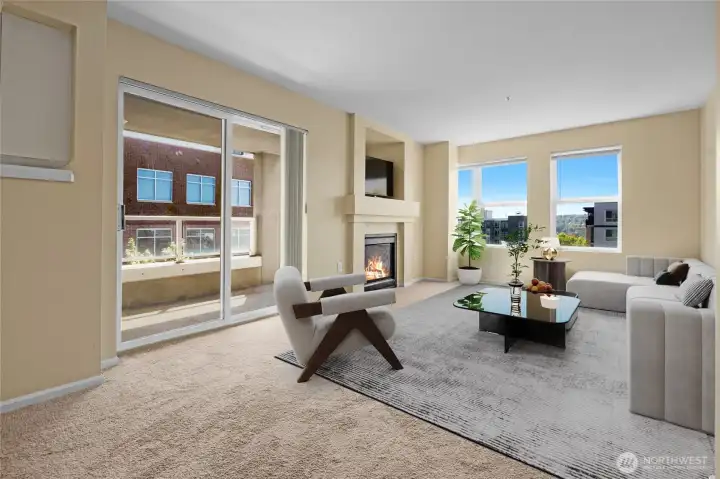 Lovely bright and spacious living area with patio and views to City and beyond. Virtually staged