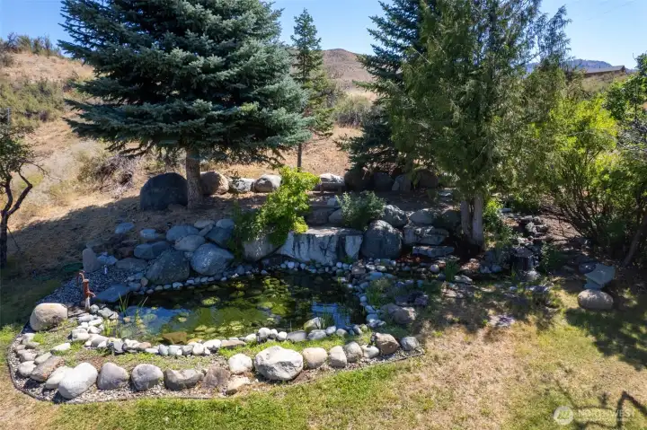 Pond with waterfall and setting areas to enjoy the views and relax