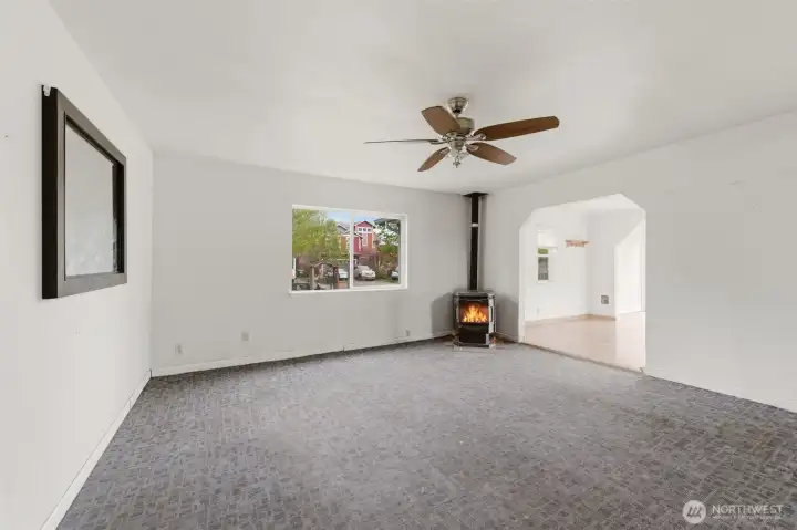 Living room with pellet stove.
