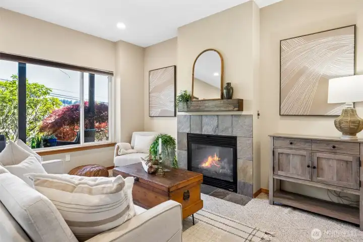 The lower level living area features a gas fireplace.