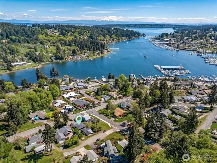 Bird's eye view of property looking south east toward Gig Harbor Bay.