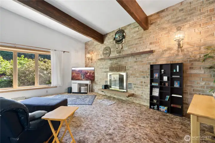Large living room with wood burning Fireplace