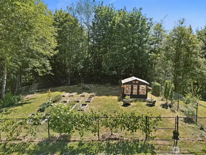 Fully Fenced Garden, 12 raised beds, custom greenhouse, fruit trees, berries hops... Fully Fenced Garden, 12 raised beds, custom greenhouse, fruit trees, berries hops...