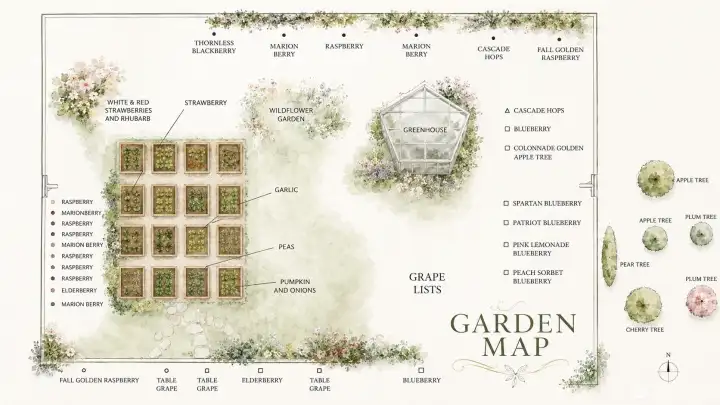 16 raised garden beds, tons of berries, 6 fruit trees, greenhouse, hops, herb garden, wildflower garden... 16 raised garden beds, tons of berries, 6 fruit trees, greenhouse, hops, herb garden, wildflower garden...