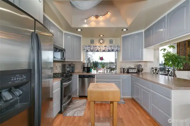 Kitchen with upgraded stainless steel appliances, vaulted ceilings and inviting skylight