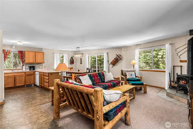 Open concept with kitchen, dining & living room