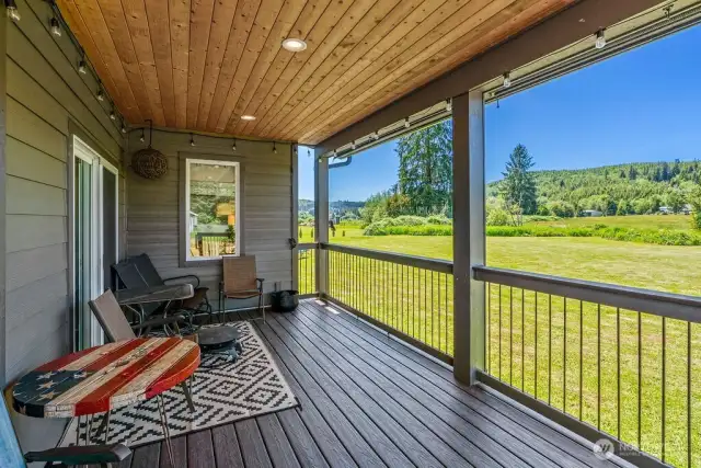 Back, finished with low maintenance Trex deck & covered with natural tongue & groove, fitted with ambience & can lighting that auto dim for energy efficiency and turn on with motion for nighttime ease. Slider to great room and second slider to dining room. This deck is much larger than the photo portrays.
