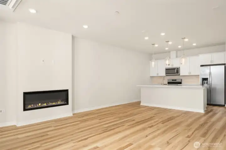 Gathering room with electric fireplace