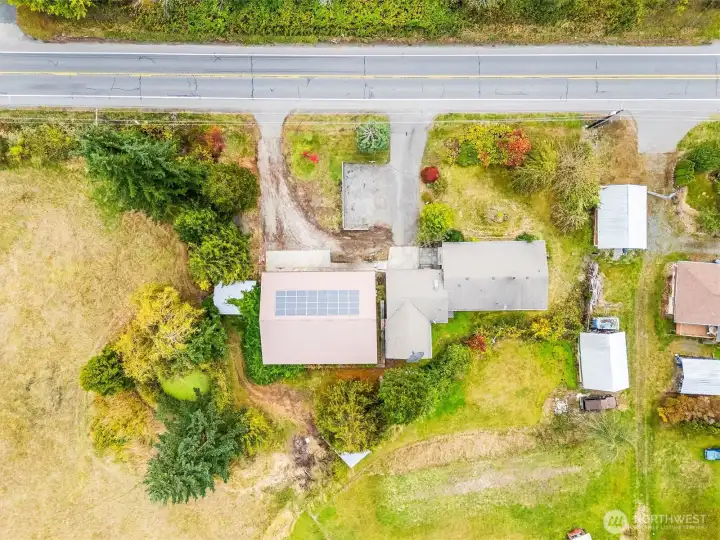 Overhead property layout view showing home, shop, and yard space.
