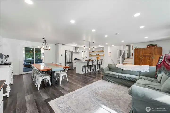 Open concept living room, dining and kitchen