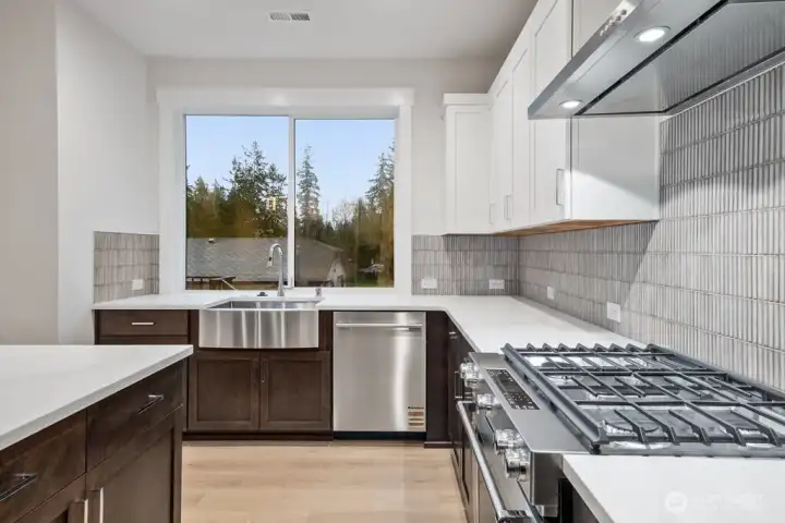 KitchenAid stainless appliances and hood vent. Soft close cabinets with roll out shelving