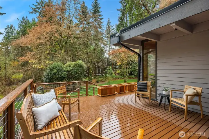 This great deck accessed from the Dining room is facing south to soak up the sun.