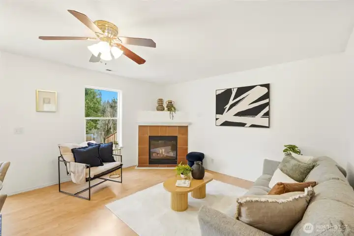 Cozy fireplace creates a warm, inviting focal point