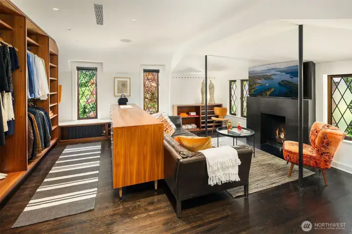 Primary suite dressing room, warmed by a fireplace
