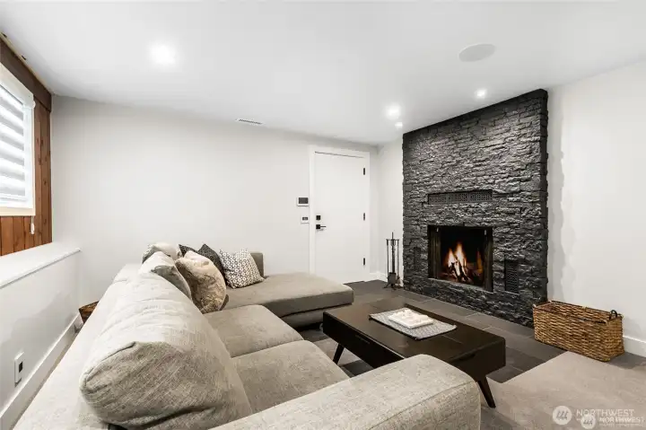Virtually staged - lower level bonus room fireplace.