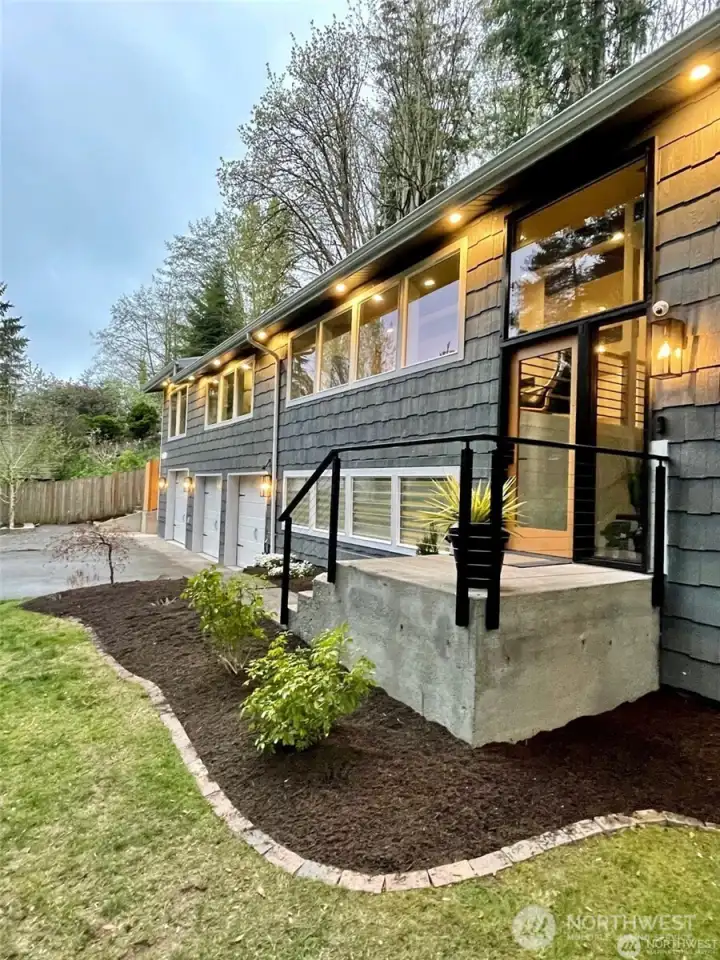 Twilight view of the exterior lighting.