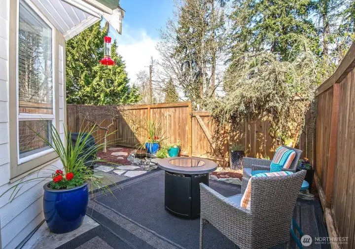 Back patio & yard. Gate to green space.  Walk to Emorys and Silver Lake