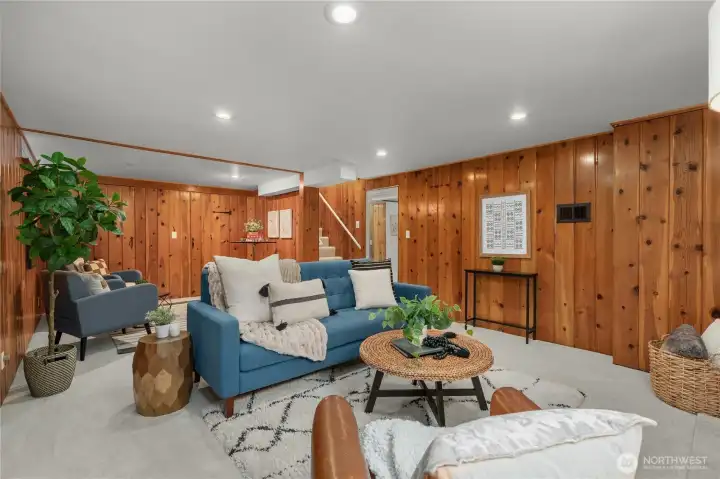 Enormous downstairs den with fireplace, storage, and more charm than you can shake a stick at.