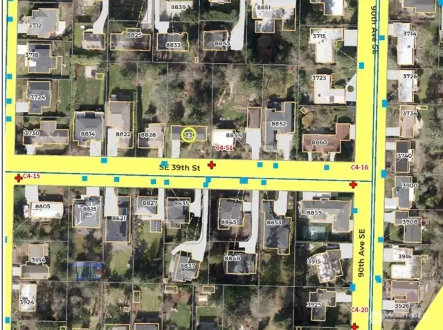 Ideal potential for a sizeable estate or divide the property and build 2 homes! The subject property is on the north side of SE 39th with a yellow circle for reference. Properties across the street and to the east have the same configuration and were divided, each with private driveways.