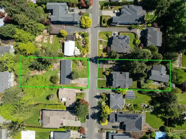 Green lines are approximate property boundaries. The properties across to the street and to the east have both been divided with 2 new homes. They are mirror images of this property.