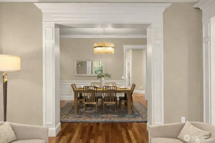 The dedicated dining room, with designer lighting, is the perfect gathering space.