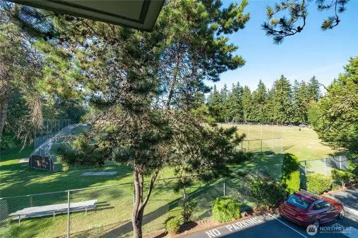 Just beyond the fence on the north side of the complex, Hillwood Park offers a baseball field, open green space, and plenty of room for your dog to roam.