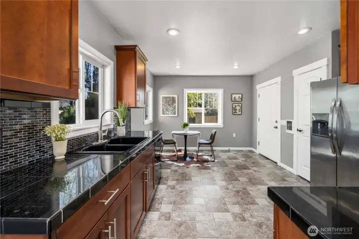 Remodeled kitchen with dining area.