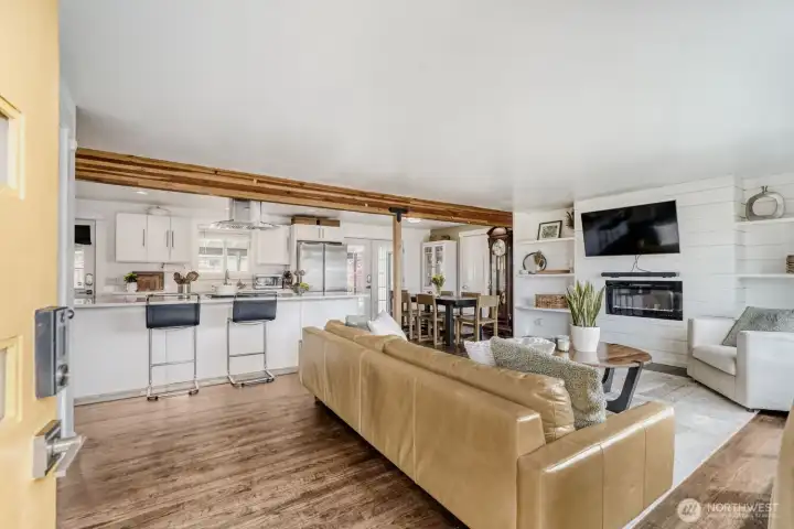 Great room with fireplace and hardwood floors