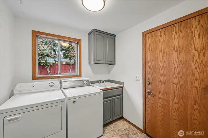 Convenient downstairs laundry room with utility sink.