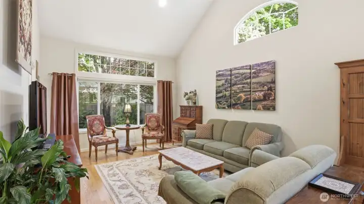 A different look into the living room with the the private views from the back yard.
