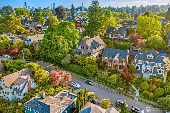 Set within a prestigious neighborhood enclave, this striking aerial perspective highlights the home's premier, tree-lined positioning.