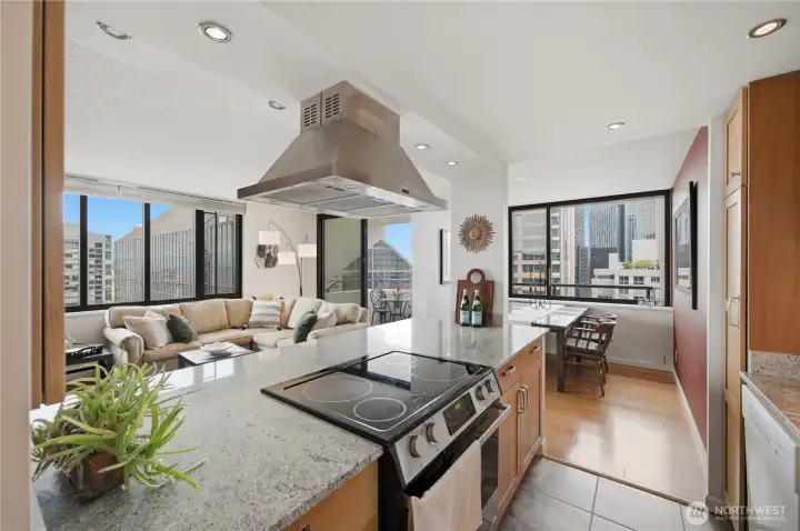 Here's another shot of the stunning updated open kitchen looking out to the gracious open living area.