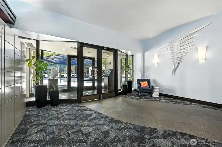Wonderful, secure main lobby with Amazon lockers for efficient delivery of packages.
