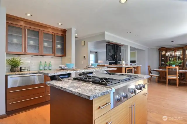 Along the back wall of the kitchen, you'll find abundant counterspace, cabinetry and a large warming drawer.