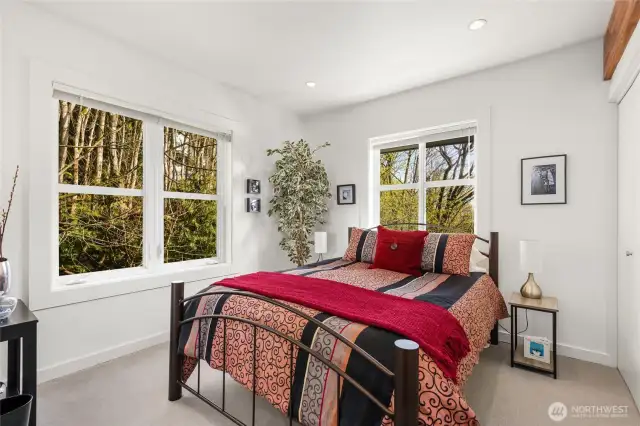 One of the lower level guest bedroom with forest views!