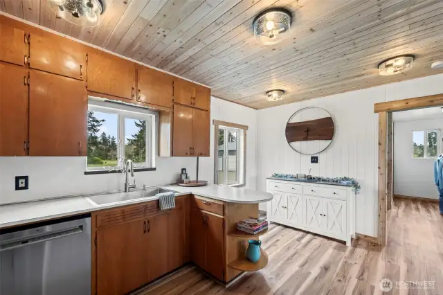 Cedar lined ceiling and trim in this beautiful farmhouse kitchen