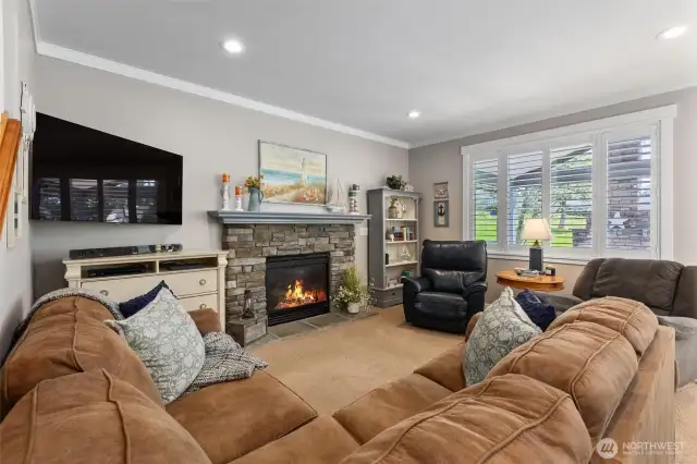 Family room with views of back yard and golf course.