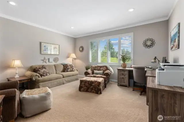 Bonus room (with closet) facing golf course could easily be 5th bedroom, if desired. Upgraded recessed lighting, crown molding and custom plantation shutters.