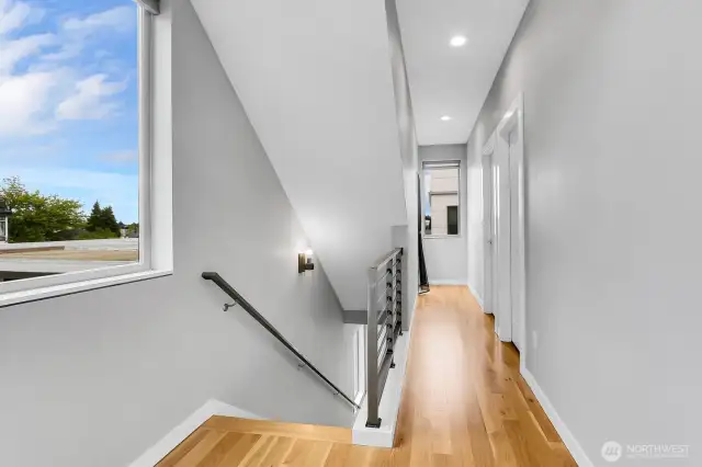 Quality engineer hardwood flooring extending entire upper level